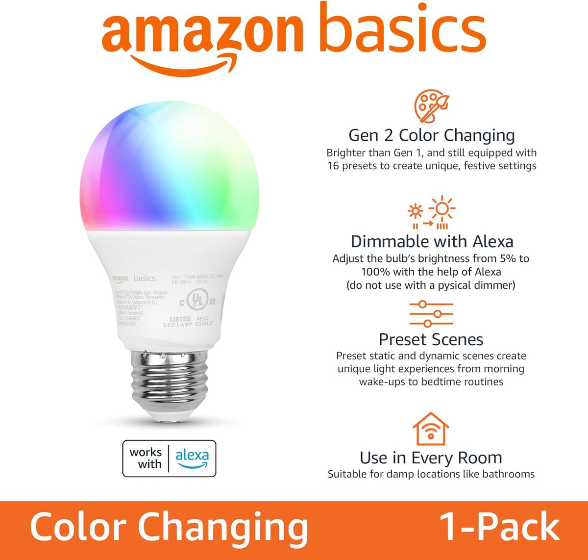 Amazon Basics Smart A19 LED Light Bulb, Color Changing, 9W (60W Equivalent), 800LM, Compatible with Alexa Only, WiFi 2.4 GHz, No Hub Required, Mood Lighting, Energy Efficient, 2-Pack