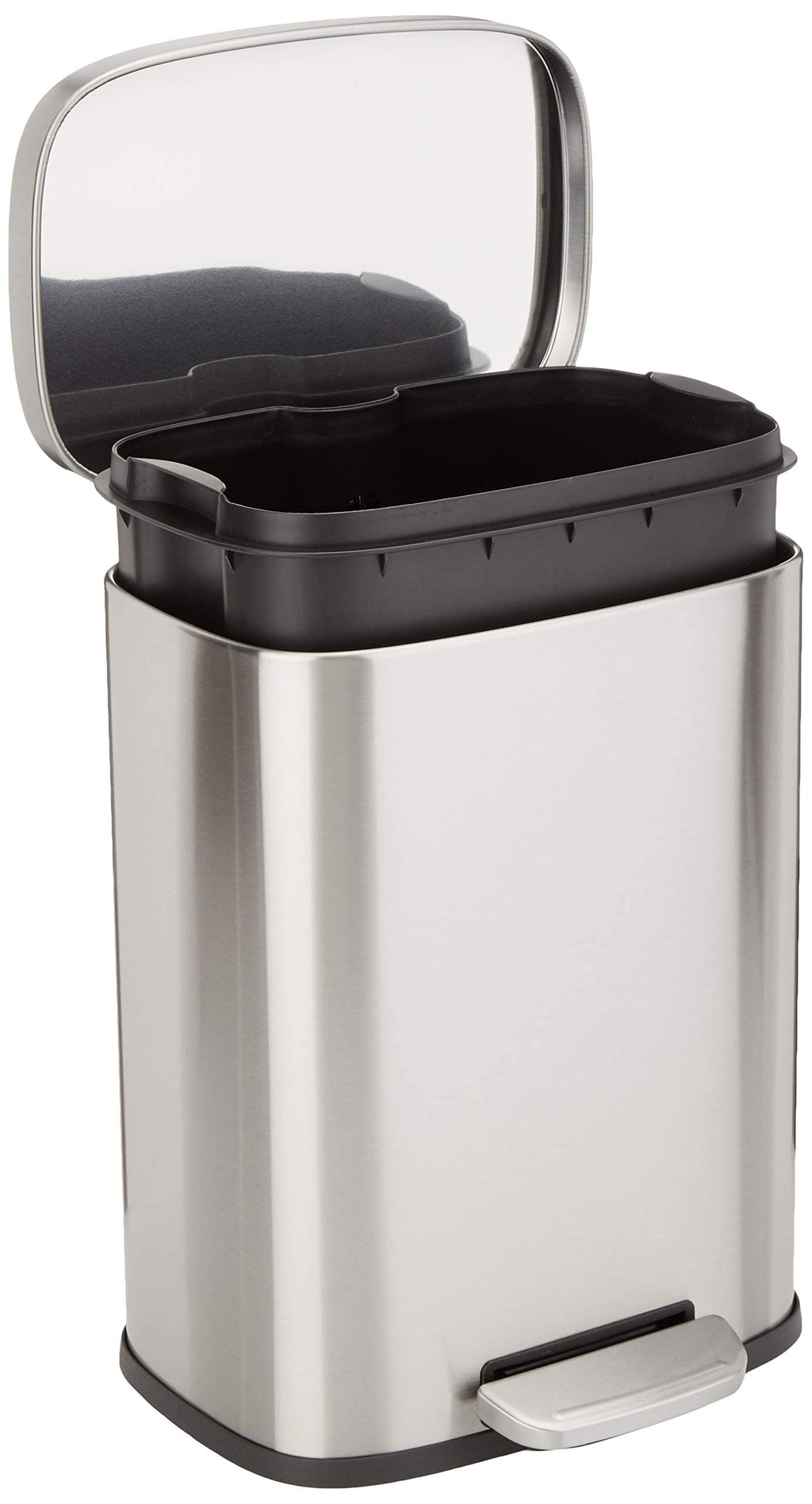 Amazon Basics SMALL Trash Can, 3.1 Gallon (12L), Smudge Resistant Rectangular Bin with Soft-Close Lid, Step Foot Pedal, Removable Inner Bucket, Brushed Stainless Steel, Satin Nickel Finish