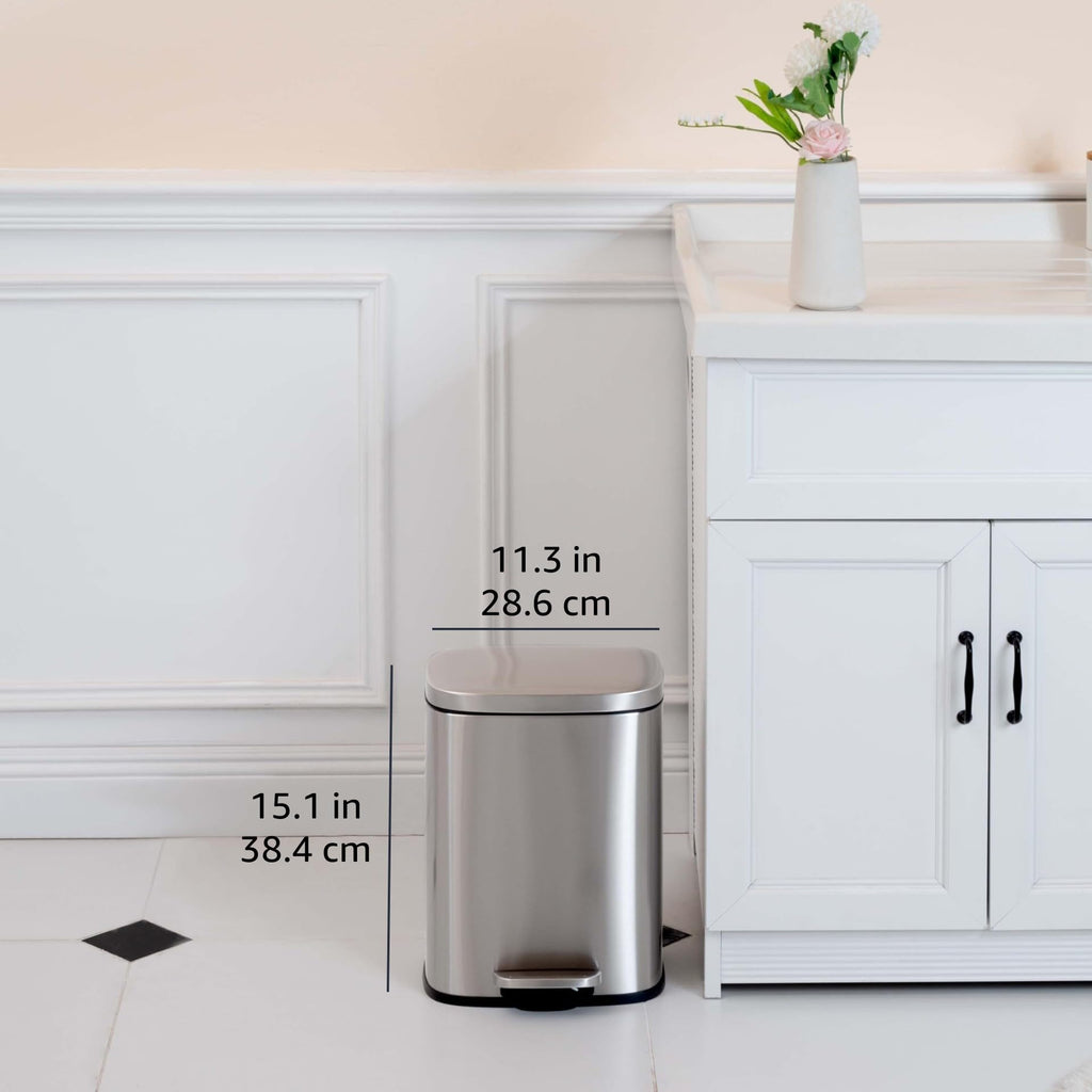 Amazon Basics SMALL Trash Can, 3.1 Gallon (12L), Smudge Resistant Rectangular Bin with Soft-Close Lid, Step Foot Pedal, Removable Inner Bucket, Brushed Stainless Steel, Satin Nickel Finish