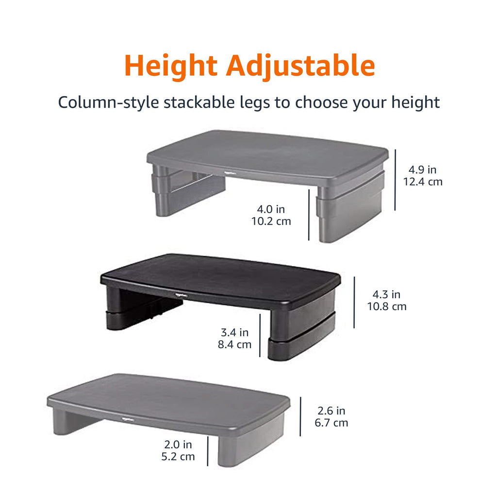 Amazon Basics Height Adjustable Monitor Stand Riser with Storage Organizer, 3-Level Stackable Design, Durable ABS Plastic, Supports up to 22lbs, for Monitors & Laptops, Black