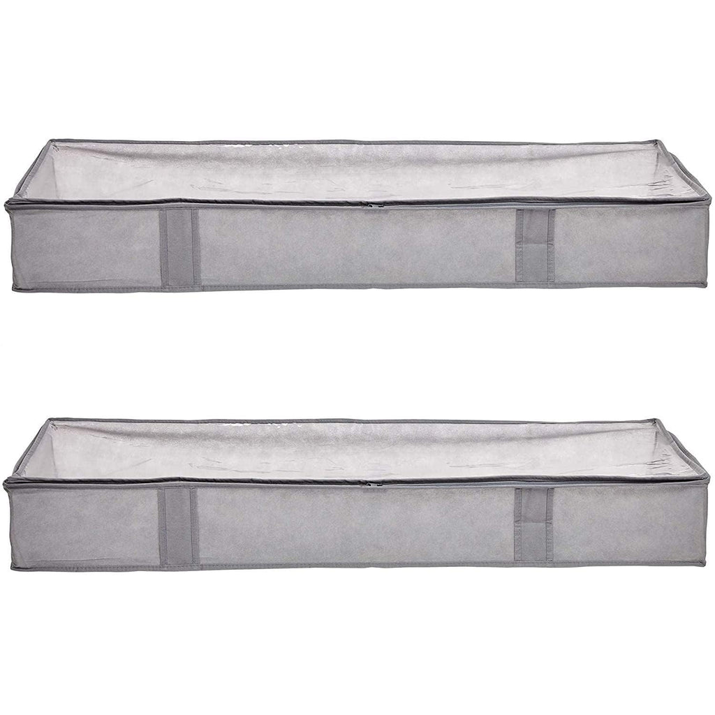 Amazon Basics Under Bed Storage Bags for Clothes and Blankets, Foldable Fabric Zipper Container with Clear Window and Reinforced Handles, Space Saving, 18 x 42 x 6 inches, Gray, 2-Pack