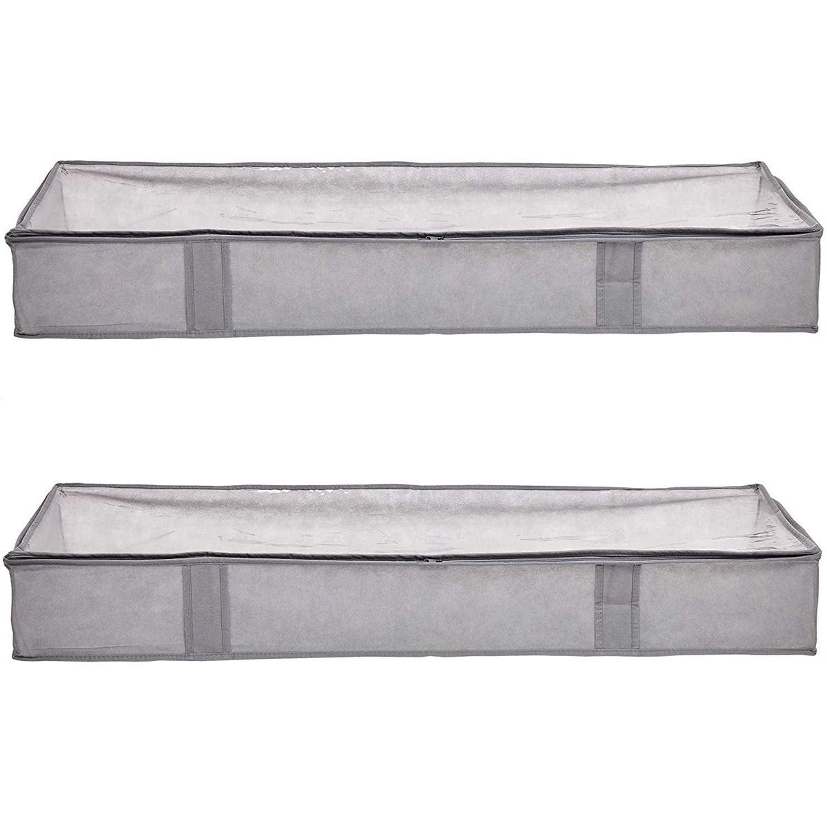 Amazon Basics Under Bed Storage Bags for Clothes and Blankets, Foldable Fabric Zipper Container with Clear Window and Reinforced Handles, Space Saving, 18 x 42 x 6 inches, Gray, 2-Pack