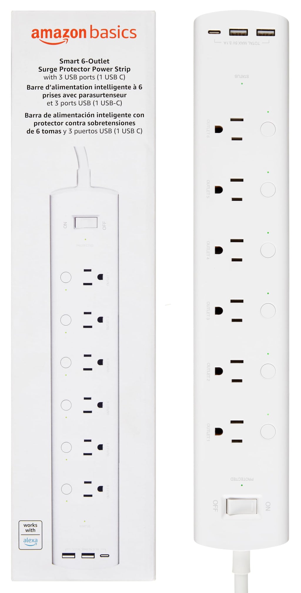 Amazon Basics Smart Plug Power Strip with 6 Individually Controlled Outlets and 3 USB Ports (2 USB-A and 1 USB-C), WiFi, Works with Alexa Only, 2.4 GHz, No Hub Required, White