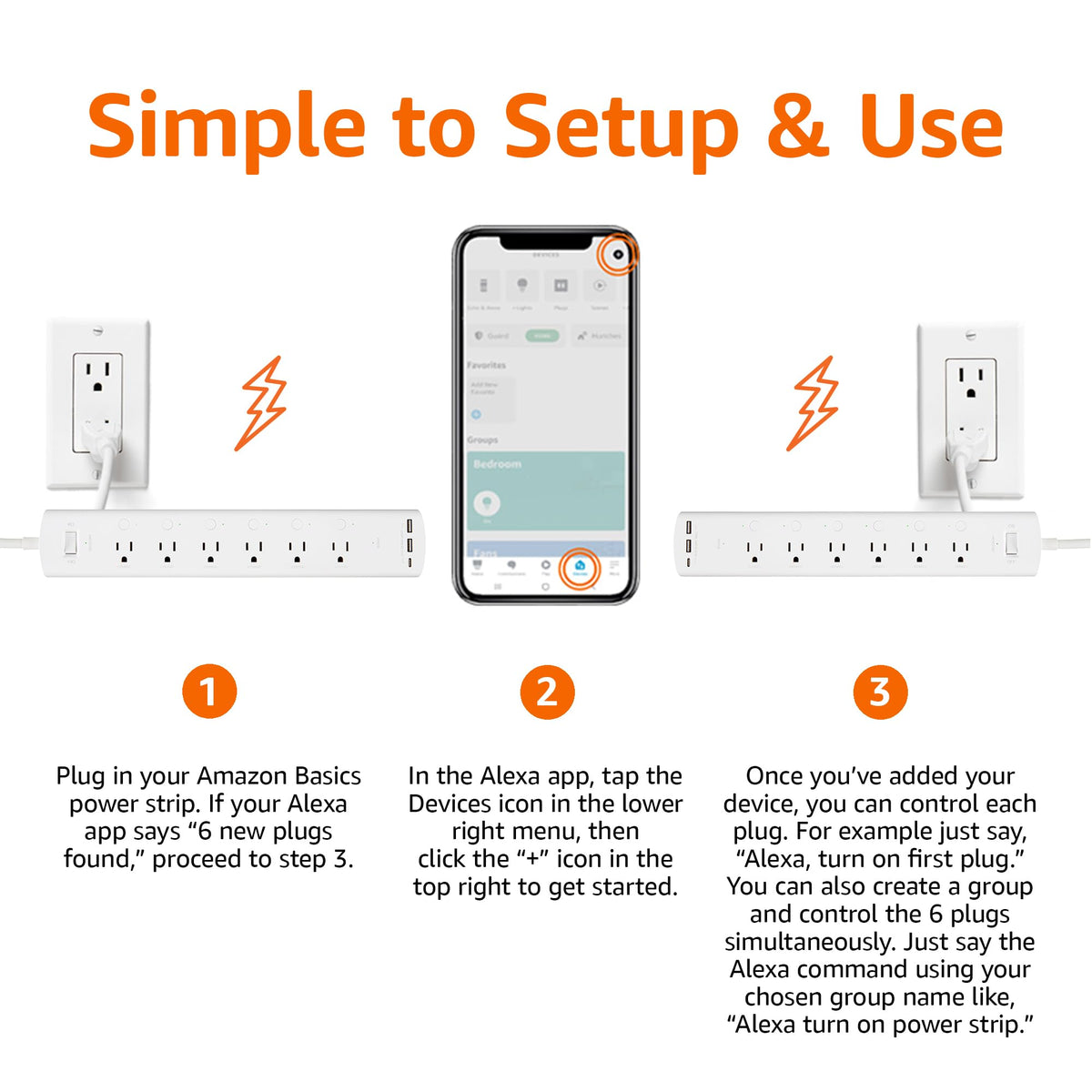 Amazon Basics Smart Plug Power Strip with 6 Individually Controlled Outlets and 3 USB Ports (2 USB-A and 1 USB-C), WiFi, Works with Alexa Only, 2.4 GHz, No Hub Required, White