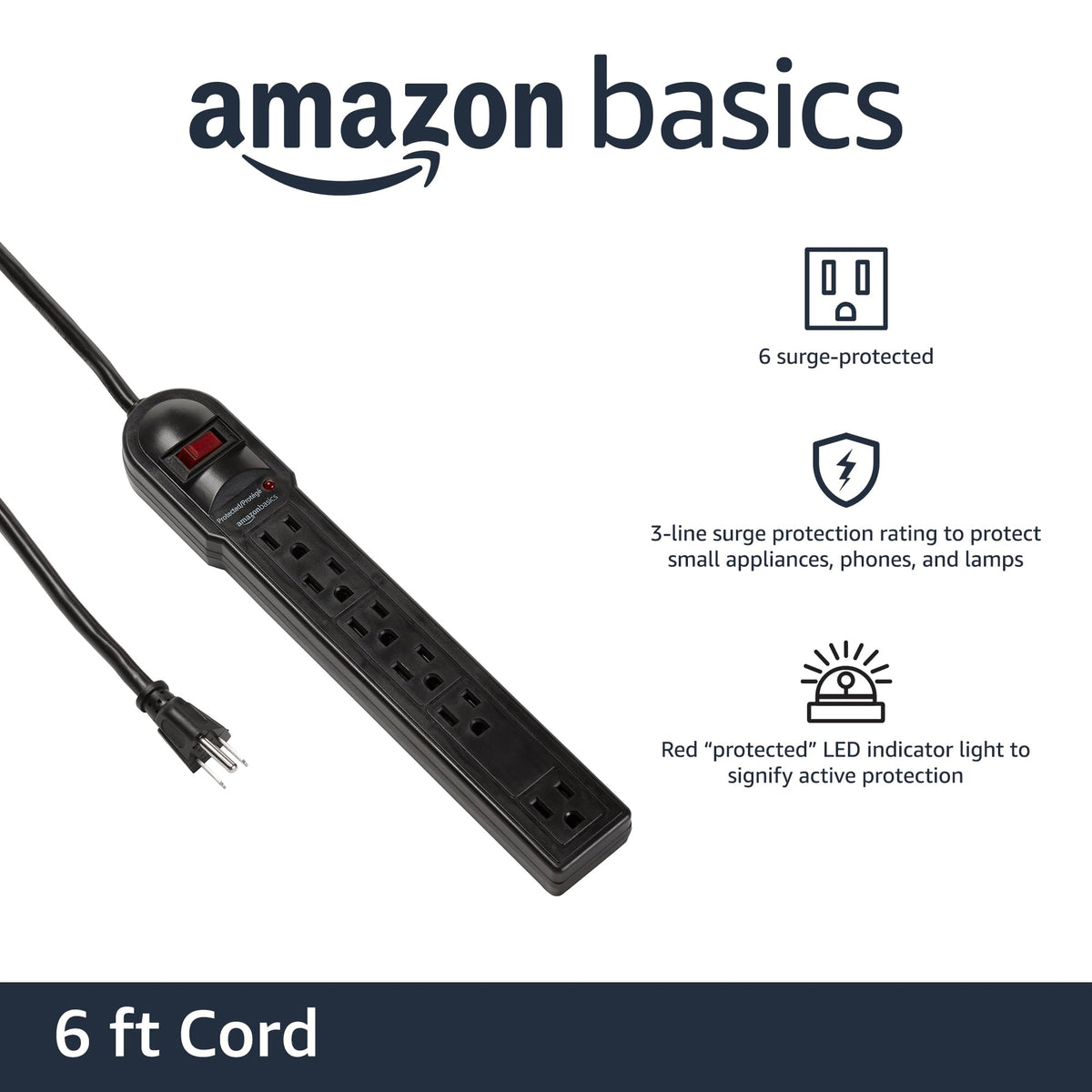 Amazon Basics Surge Protector Power Strip, 6-Outlet, 790 Joules, Circuit Breaker, LED Indicator Light, 6ft Extension Cord, Black
