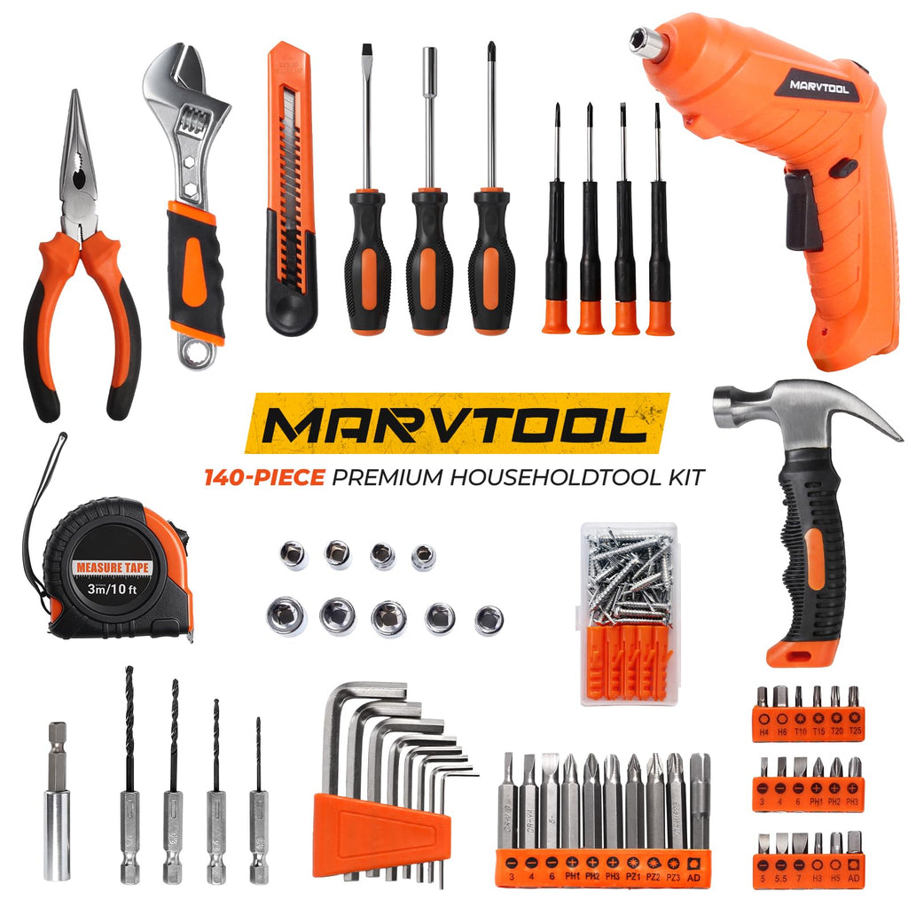 MarvTool 140 Piece Basic Tool Set, Portable Tool Box with Cordless Drill, Home Repair Hand Tool Kit, General Household Drill Set, Toolbox with Storage Case for Homeowner, DIY, Handyman, Women, Men