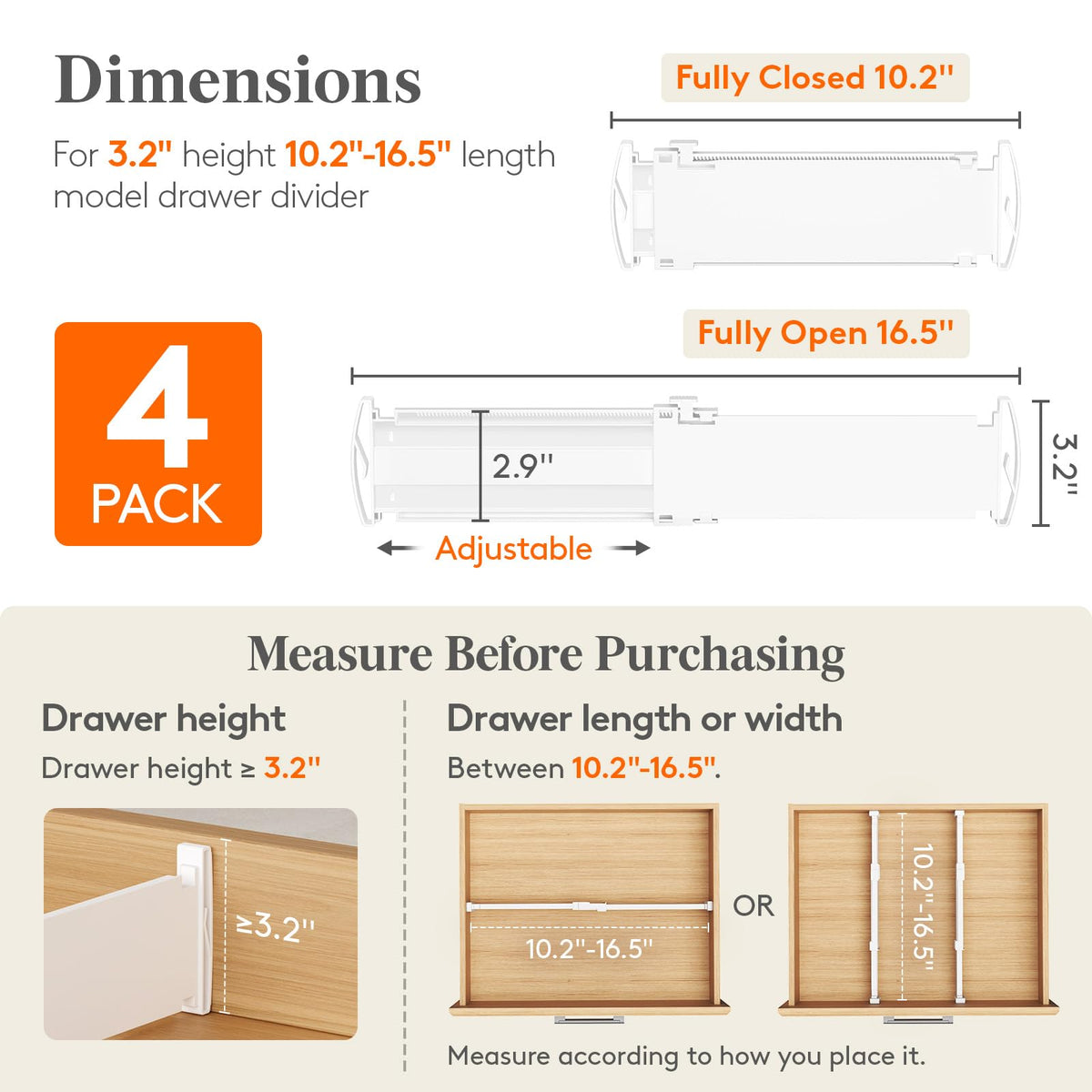 Lifewit 3.2" High Drawer Dividers for Clothes, Adjustable Drawer Organizers