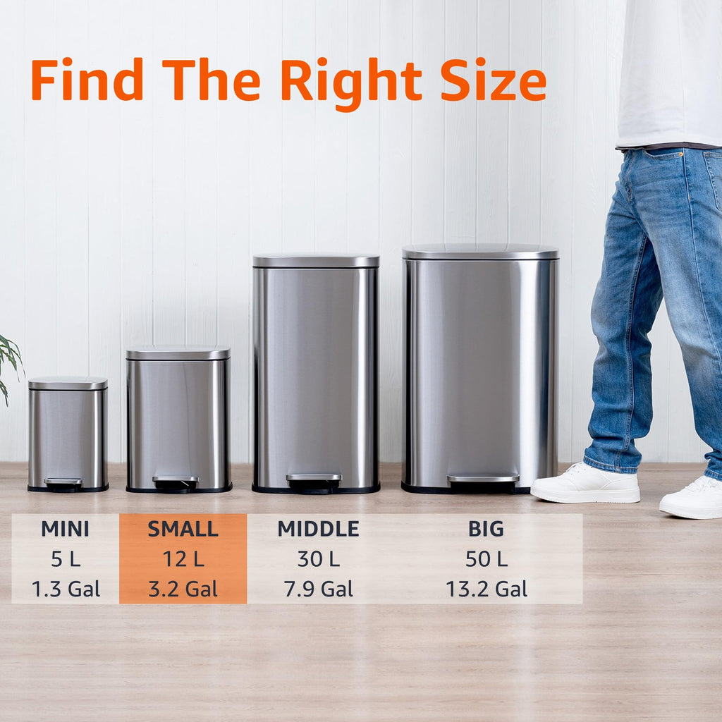 Amazon Basics SMALL Trash Can, 3.1 Gallon (12L), Smudge Resistant Rectangular Bin with Soft-Close Lid, Step Foot Pedal, Removable Inner Bucket, Brushed Stainless Steel, Satin Nickel Finish