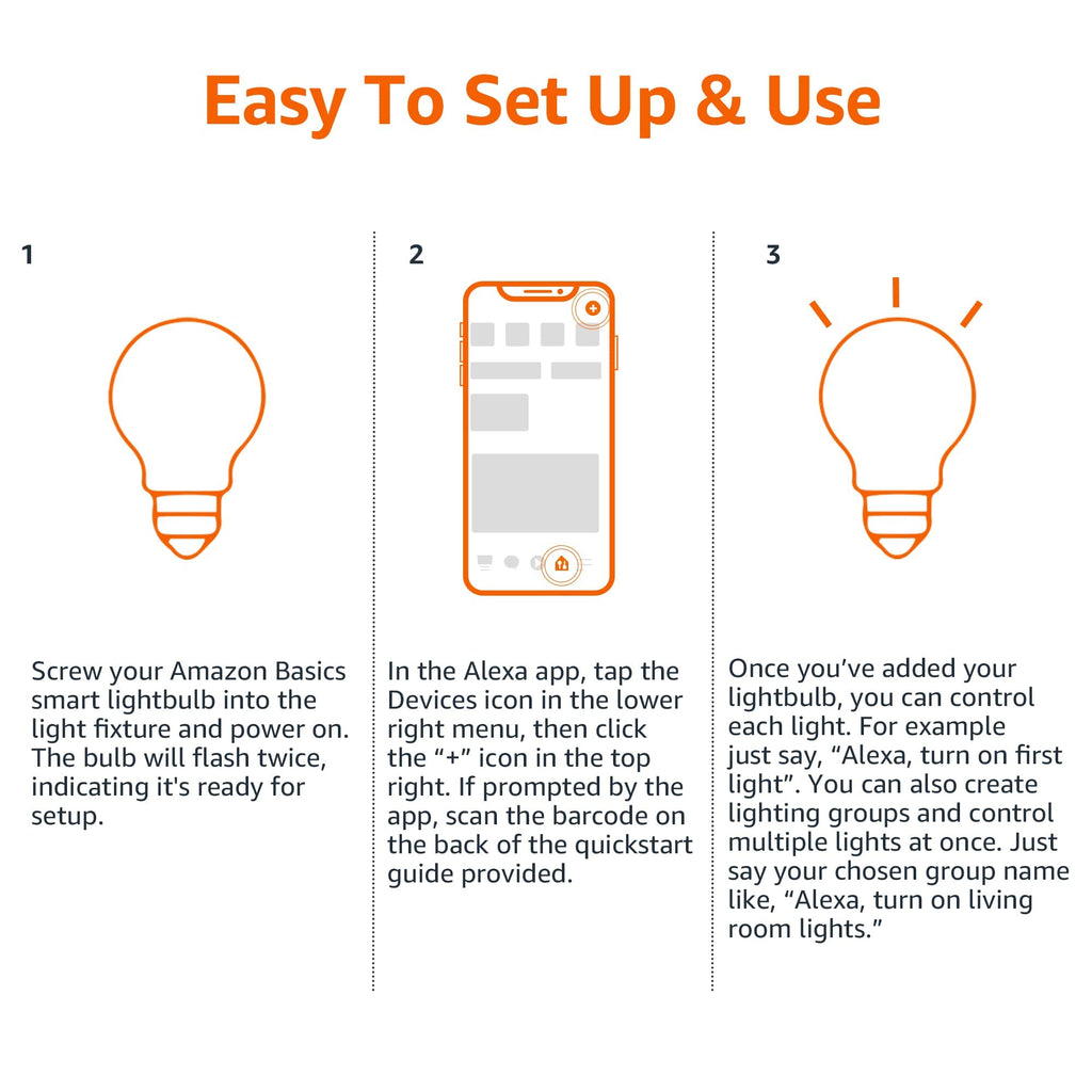 Amazon Basics Smart A19 LED Light Bulb, Color Changing, 9W (60W Equivalent), 800LM, Compatible with Alexa Only, WiFi 2.4 GHz, No Hub Required, Mood Lighting, Energy Efficient, 2-Pack