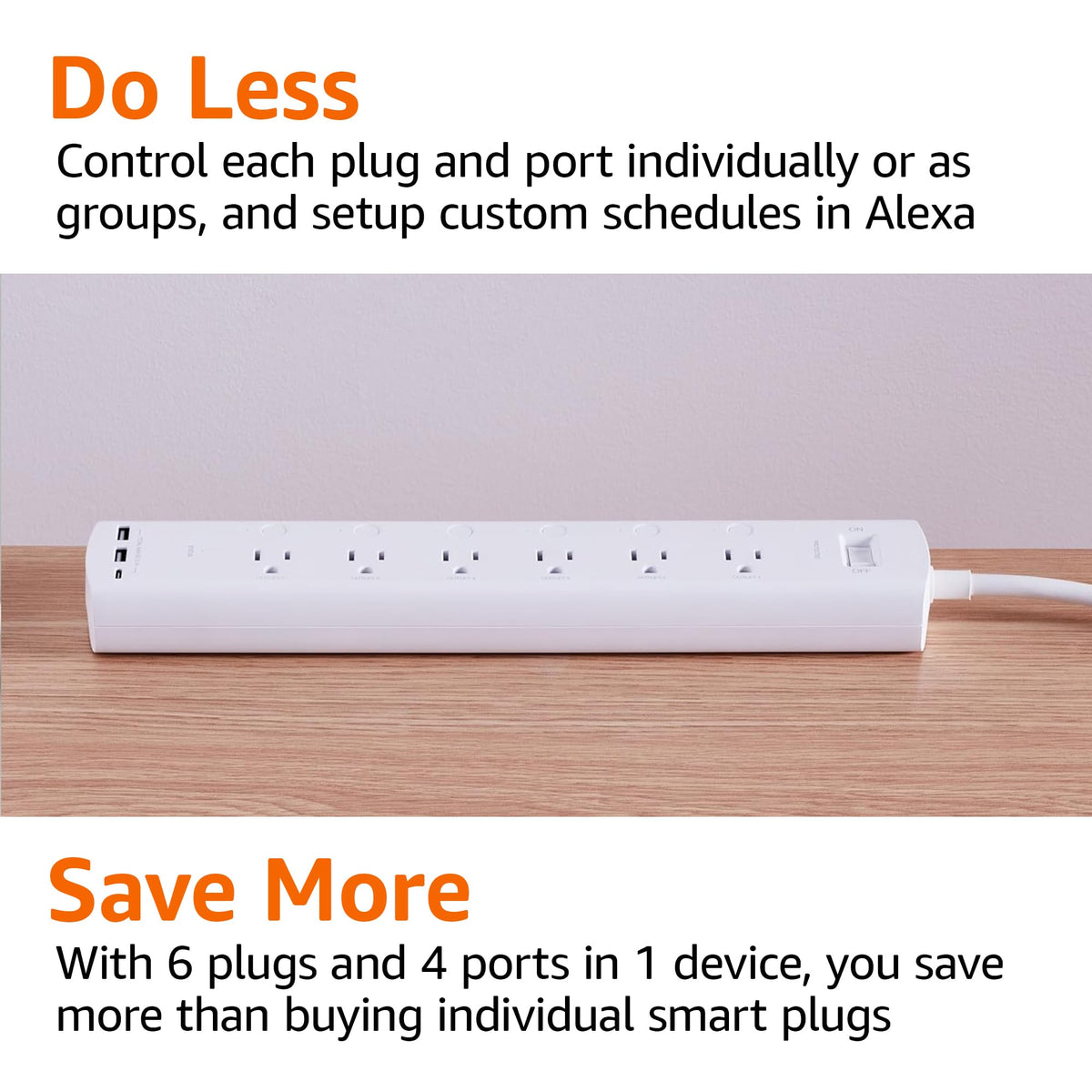 Amazon Basics Smart Plug Power Strip with 6 Individually Controlled Outlets and 3 USB Ports (2 USB-A and 1 USB-C), WiFi, Works with Alexa Only, 2.4 GHz, No Hub Required, White