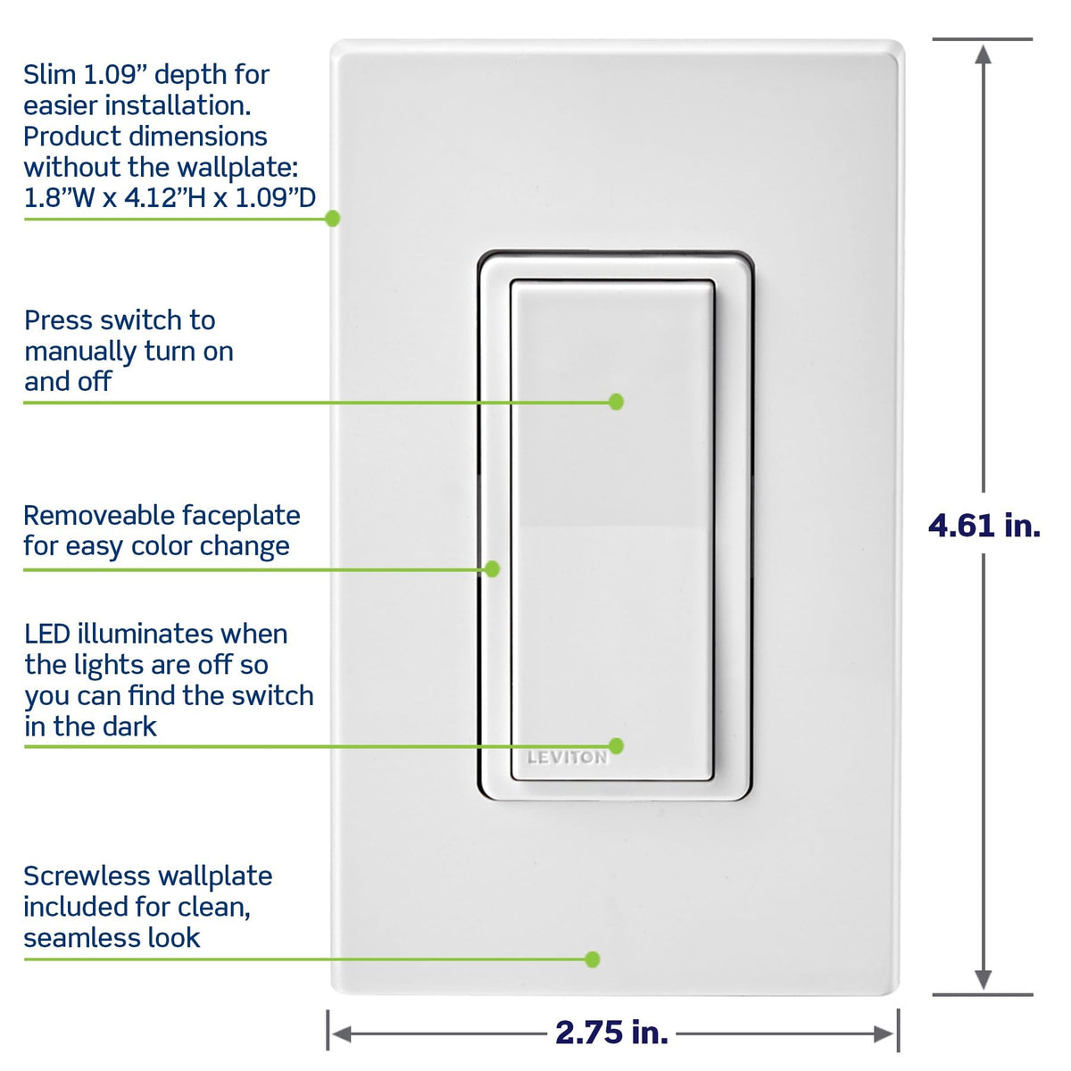Leviton Decora Smart Switch, Wi-Fi, Works with Matter, Alexa, Google Assistant, Apple Home/Siri & Wired or Wirefree 3-Way, Neutral Wire Required, D315S-1RW, White