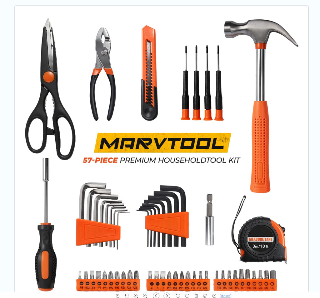 MarvTool 57 Piece Basic Tool Set, Home Repair Hand Tool Kit, General Household Tool Box, Portable Toolbox with Storage Case for Homeowner, DIY, Handyman, Women, Men