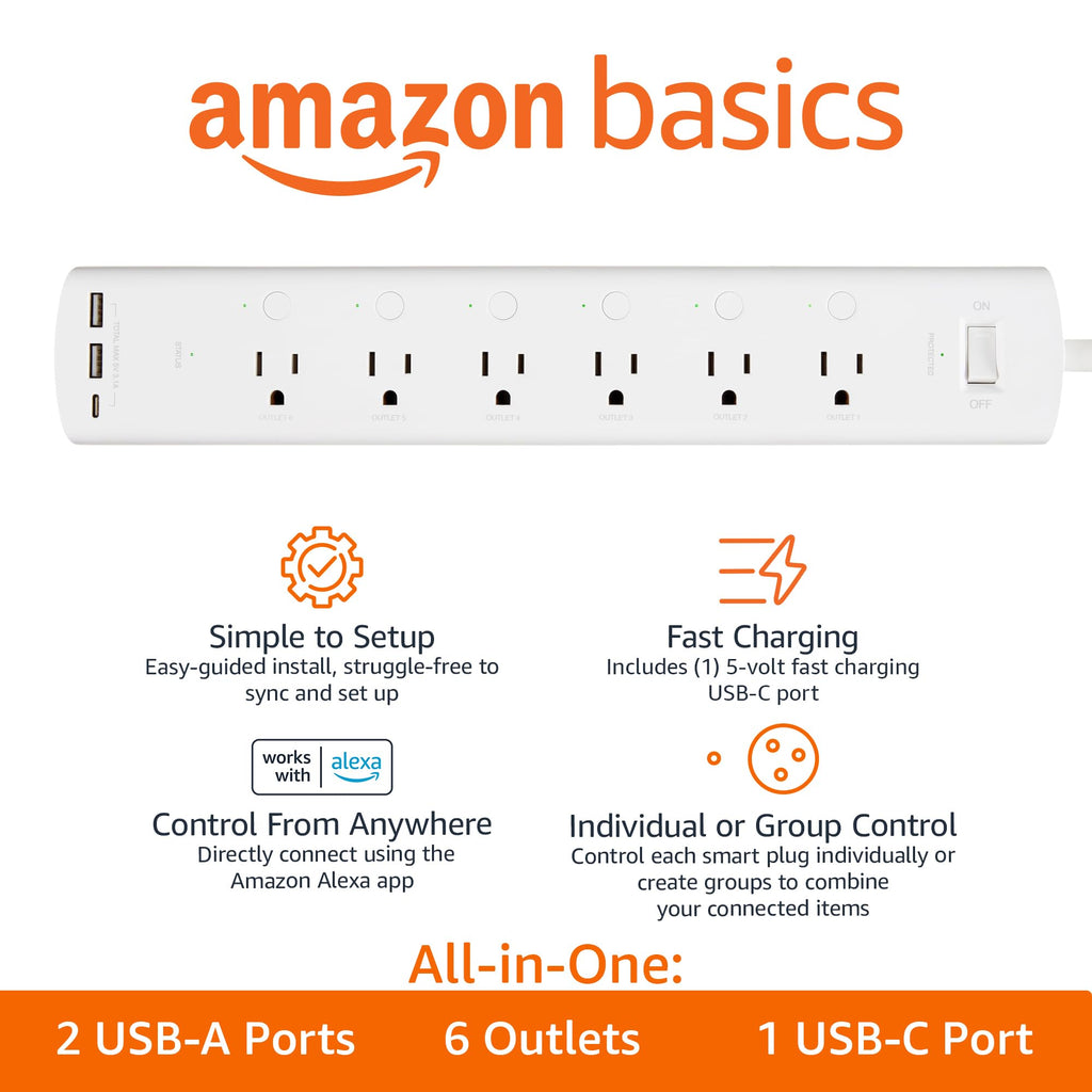 Amazon Basics Smart Plug Power Strip with 6 Individually Controlled Outlets and 3 USB Ports (2 USB-A and 1 USB-C), WiFi, Works with Alexa Only, 2.4 GHz, No Hub Required, White