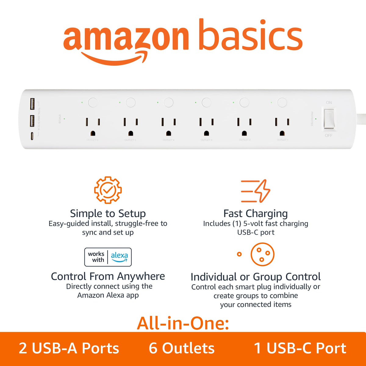 Amazon Basics Smart Plug Power Strip with 6 Individually Controlled Outlets and 3 USB Ports (2 USB-A and 1 USB-C), WiFi, Works with Alexa Only, 2.4 GHz, No Hub Required, White