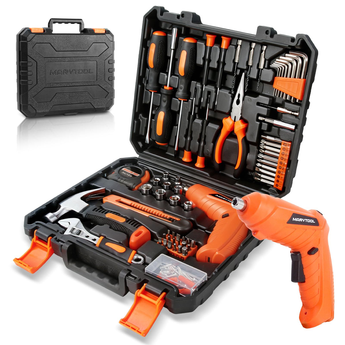 MarvTool 140 Piece Basic Tool Set, Portable Tool Box with Cordless Drill, Home Repair Hand Tool Kit, General Household Drill Set, Toolbox with Storage Case for Homeowner, DIY, Handyman, Women, Men