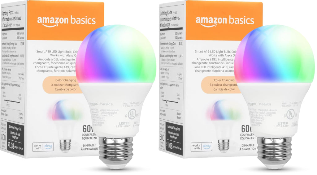 Amazon Basics Smart A19 LED Light Bulb, Color Changing, 9W (60W Equivalent), 800LM, Compatible with Alexa Only, WiFi 2.4 GHz, No Hub Required, Mood Lighting, Energy Efficient, 2-Pack