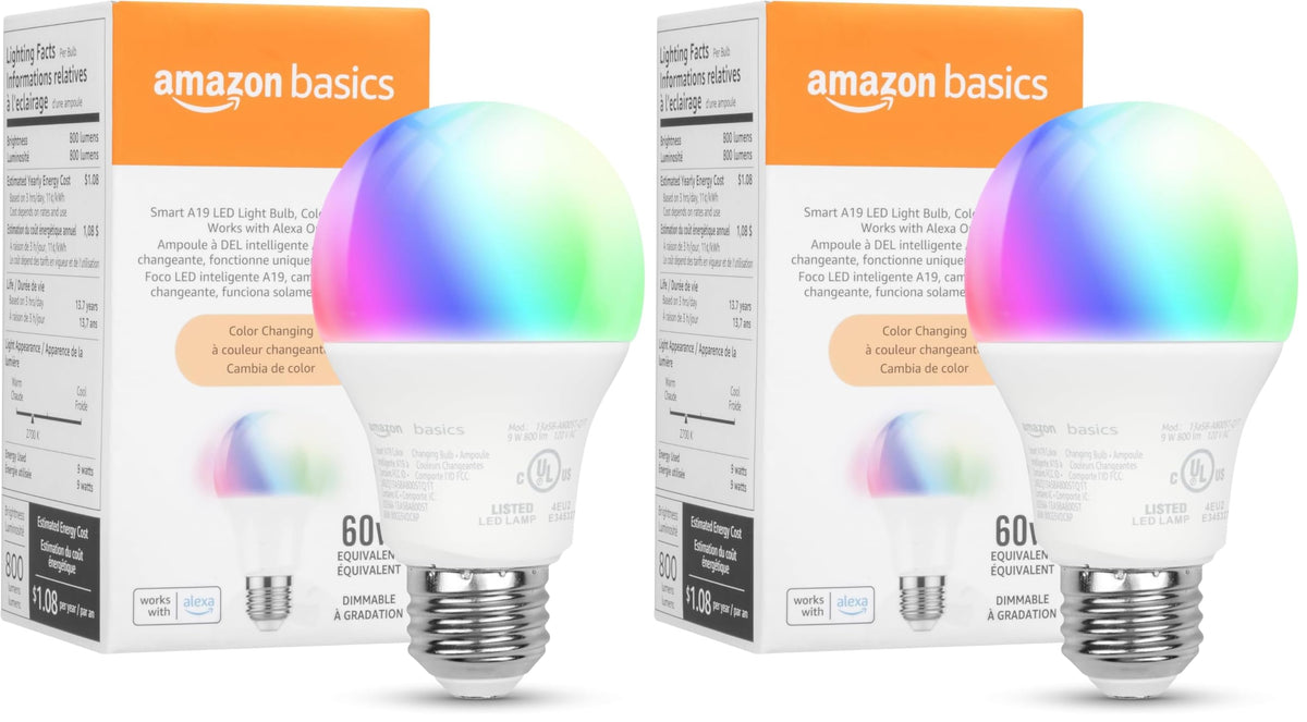 Amazon Basics Smart A19 LED Light Bulb, Color Changing, 9W (60W Equivalent), 800LM, Compatible with Alexa Only, WiFi 2.4 GHz, No Hub Required, Mood Lighting, Energy Efficient, 2-Pack