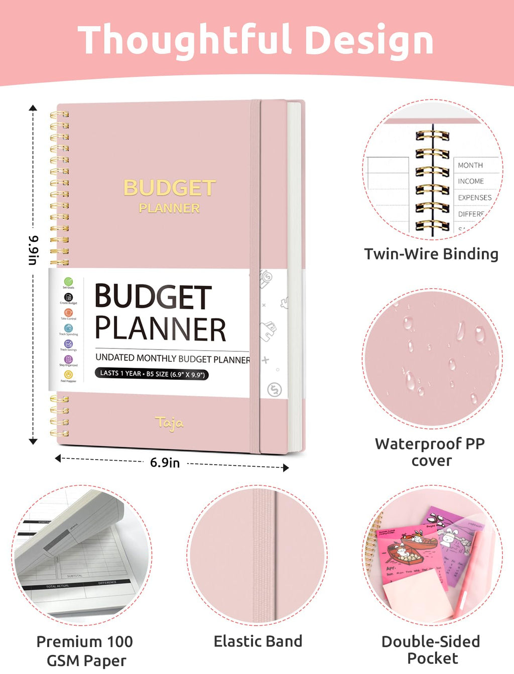 Taja Budget Planner, Undated Budget Book with Expense Tracker, 6.9" x 9.9"