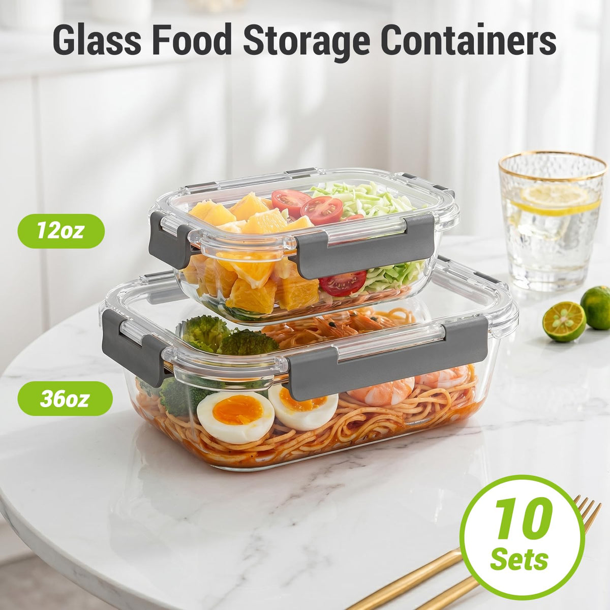 Dealusy 10 Sets 36 oz & 12 oz Glass Food Storage Containers with lids, Gray