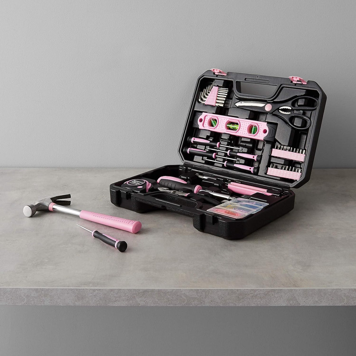 Amazon Basics 142-Piece Household Tool Kit for Home Repair, Hand Tools with Storage Case, 13.39 x 9.25 x 2.95 inch, Pink