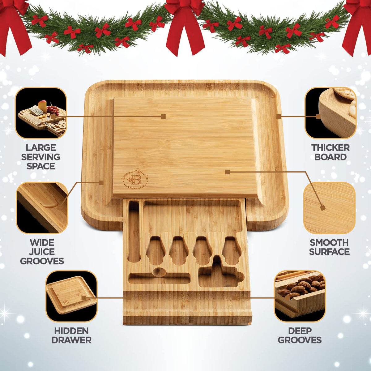 Charcuterie Boards Gift Set, Bamboo Cheese Board with Serving Accessories