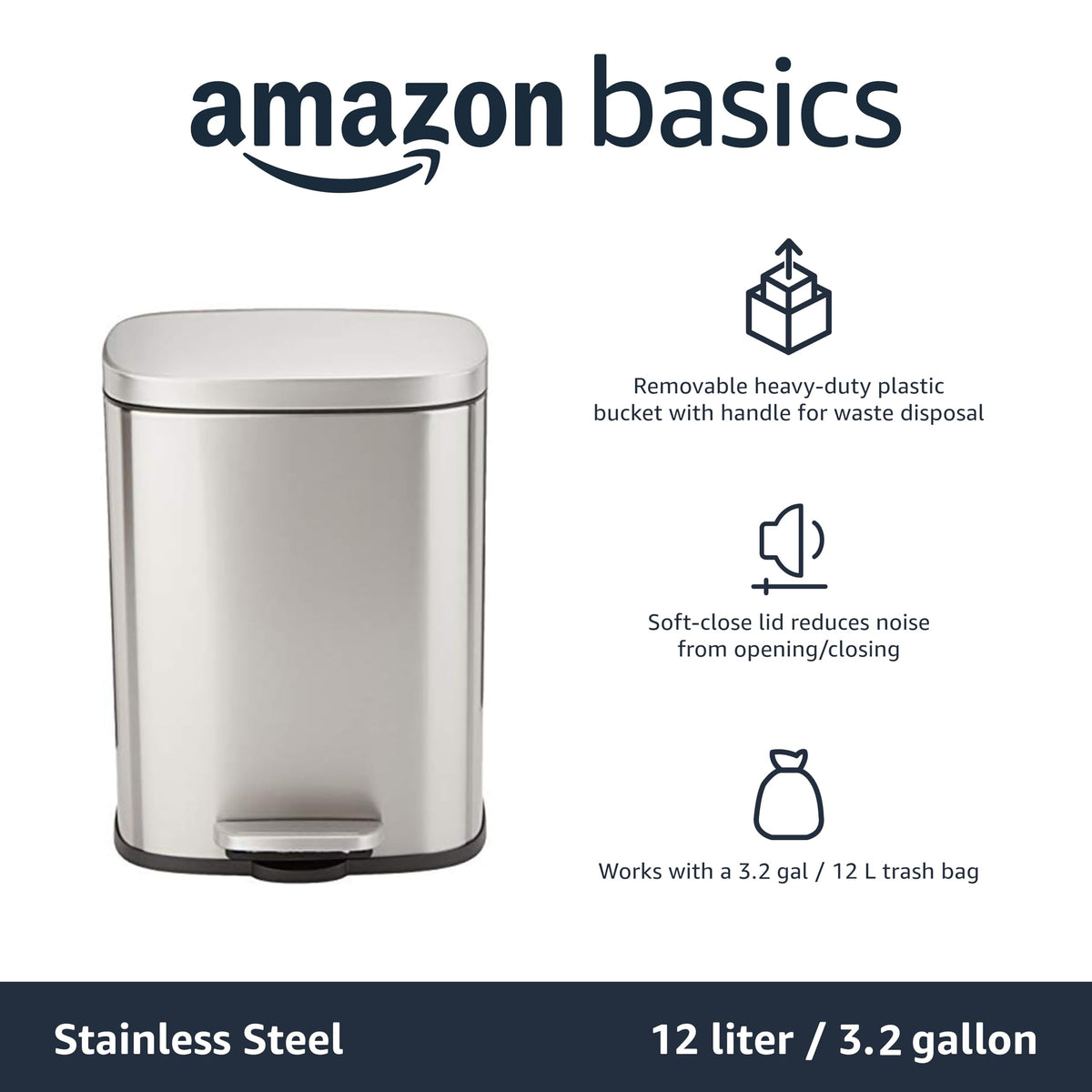 Amazon Basics SMALL Trash Can, 3.1 Gallon (12L), Smudge Resistant Rectangular Bin with Soft-Close Lid, Step Foot Pedal, Removable Inner Bucket, Brushed Stainless Steel, Satin Nickel Finish