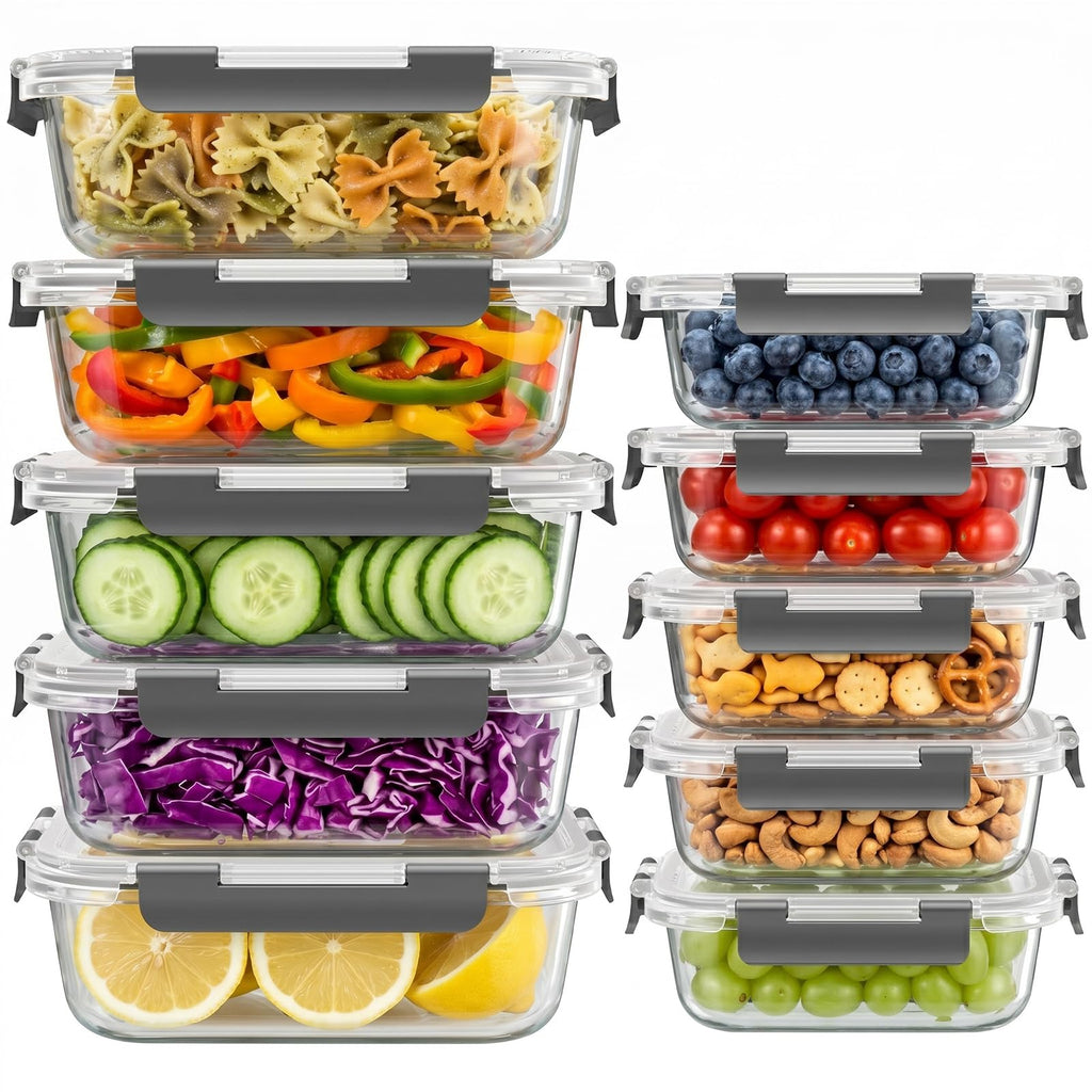 Dealusy 10 Sets 36 oz & 12 oz Glass Food Storage Containers with lids, Gray