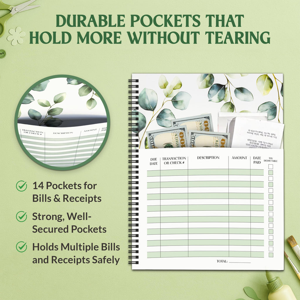 Decorably Eucalyptus Monthly Bill Organizer with Pockets and Budget Planner