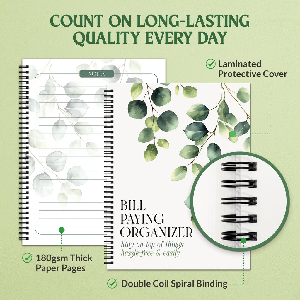 Decorably Eucalyptus Monthly Bill Organizer with Pockets and Budget Planner