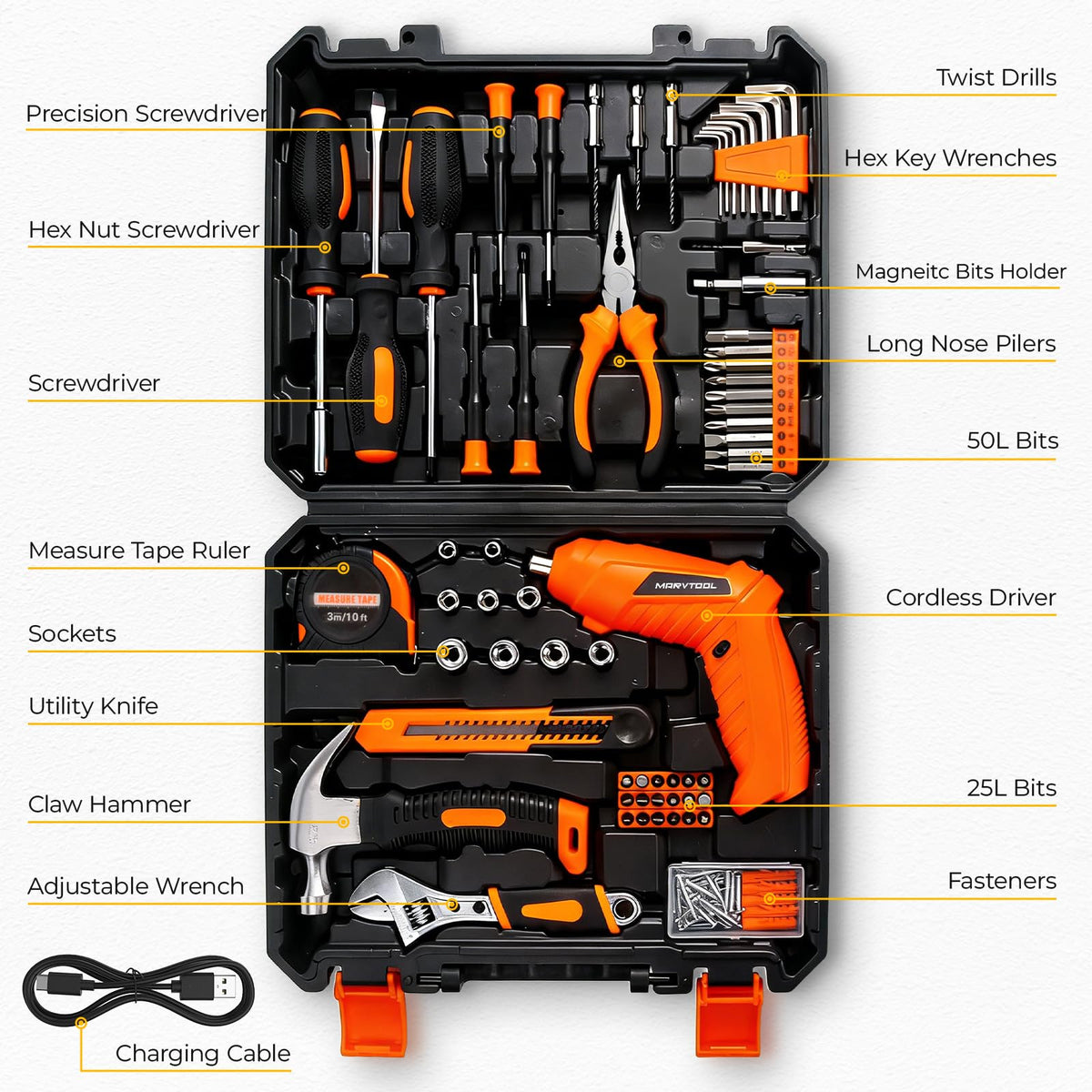 MarvTool 140 Piece Basic Tool Set, Portable Tool Box with Cordless Drill, Home Repair Hand Tool Kit, General Household Drill Set, Toolbox with Storage Case for Homeowner, DIY, Handyman, Women, Men