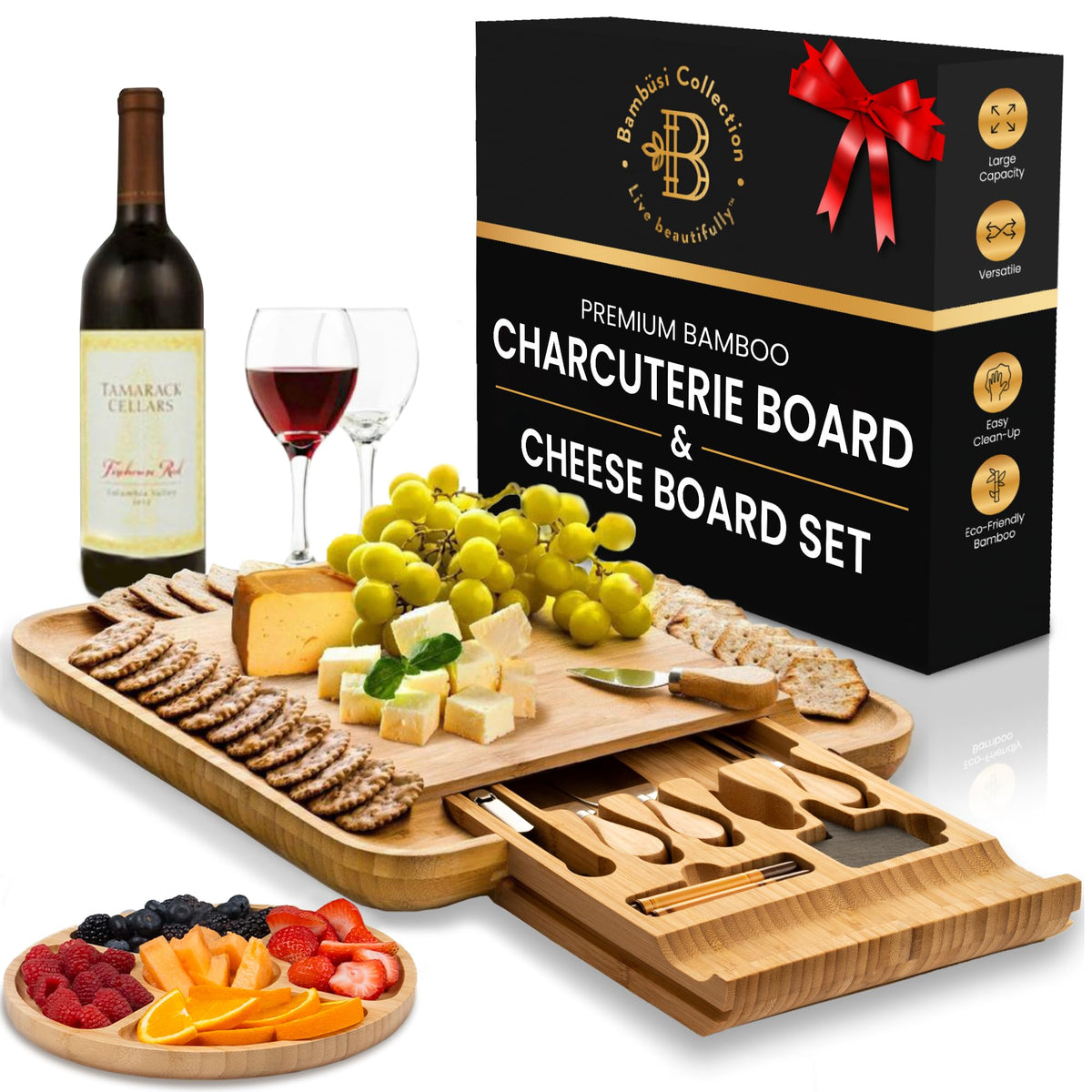 Charcuterie Boards Gift Set, Bamboo Cheese Board with Serving Accessories