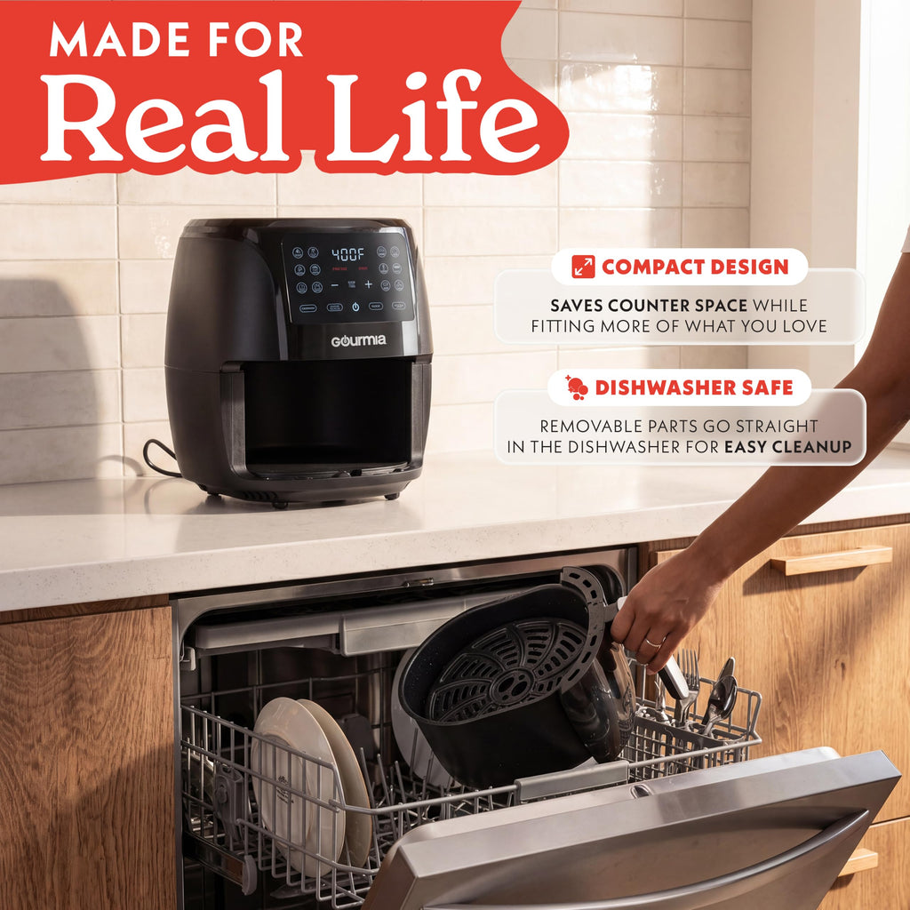 Gourmia Air Fryer - 4 Qt Capacity, FryForce360º, Digital Display with 8 Presets, Roast, Bake, Broil, Dehydrate, Dishwasher Safe Accessories, Compact, Black