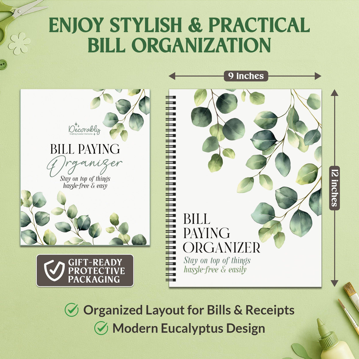 Decorably Eucalyptus Monthly Bill Organizer with Pockets and Budget Planner