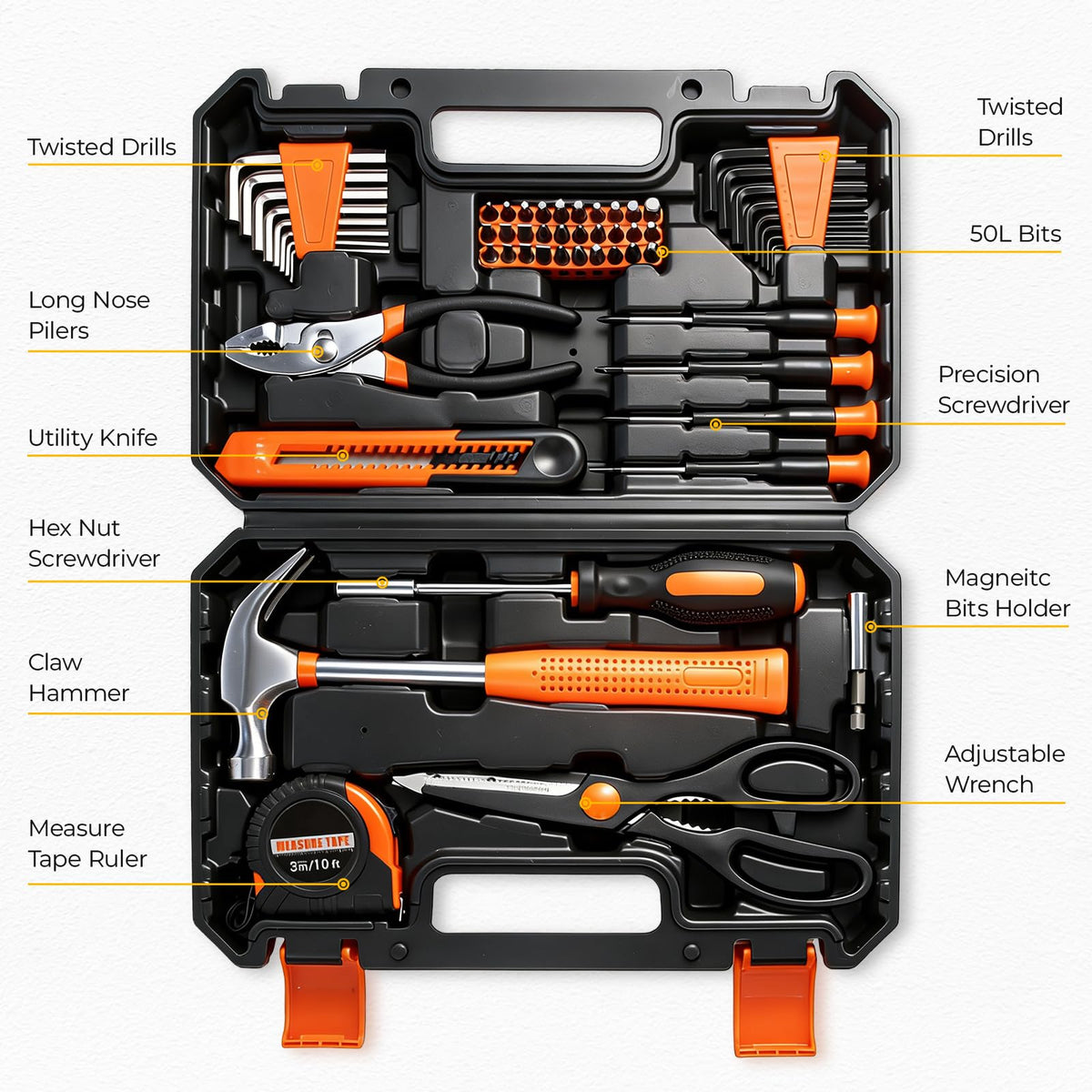 MarvTool 57 Piece Basic Tool Set, Home Repair Hand Tool Kit, General Household Tool Box, Portable Toolbox with Storage Case for Homeowner, DIY, Handyman, Women, Men