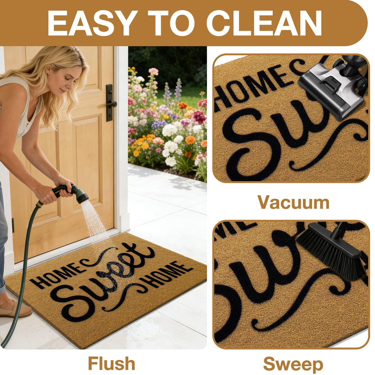 OLANLY Front Door Mat, Low Profile Doormat, Stain and Fade Resistant, Easy to Clean, for Indoor and Outdoor Entrances, Patio Porch or Entryway, Brown (30x17 Inch, Home Sweet Home)