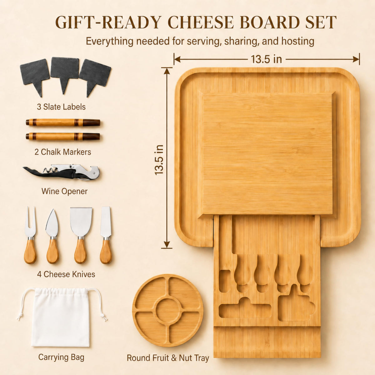 Charcuterie Boards Gift Set, Bamboo Cheese Board with Serving Accessories
