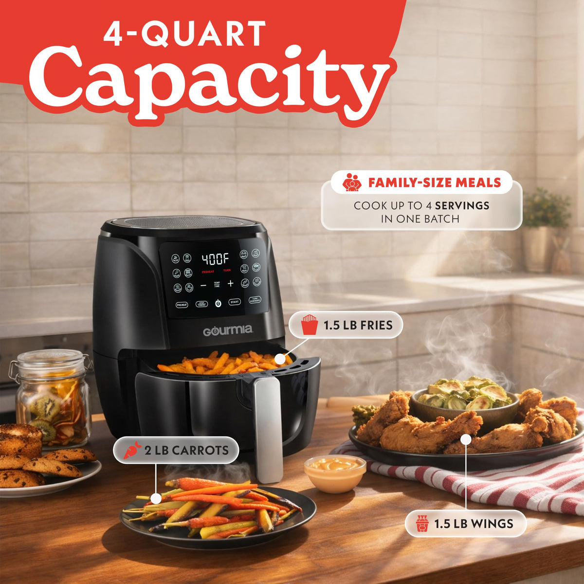 Gourmia Air Fryer - 4 Qt Capacity, FryForce360º, Digital Display with 8 Presets, Roast, Bake, Broil, Dehydrate, Dishwasher Safe Accessories, Compact, Black