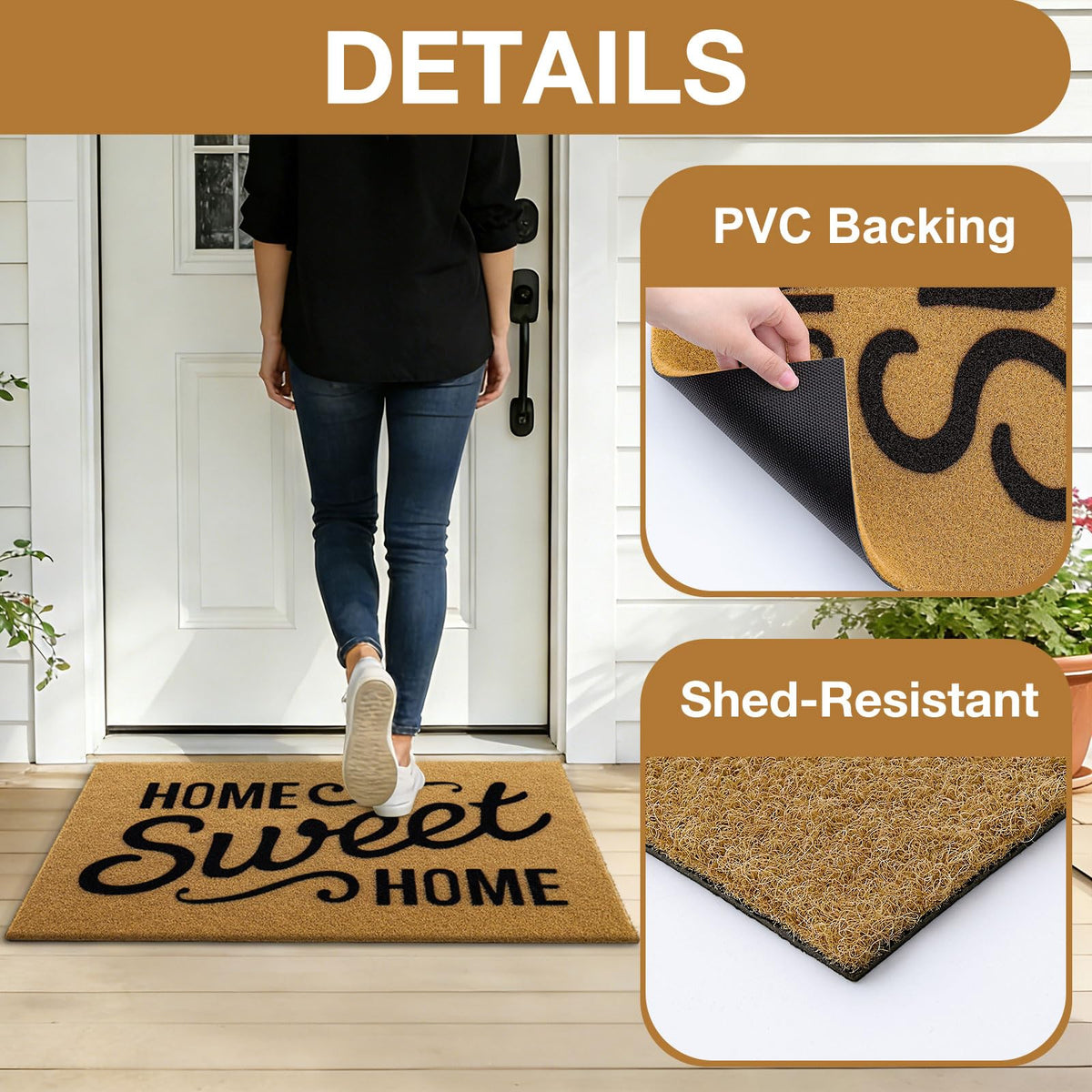 OLANLY Front Door Mat, Low Profile Doormat, Stain and Fade Resistant, Easy to Clean, for Indoor and Outdoor Entrances, Patio Porch or Entryway, Brown (30x17 Inch, Home Sweet Home)