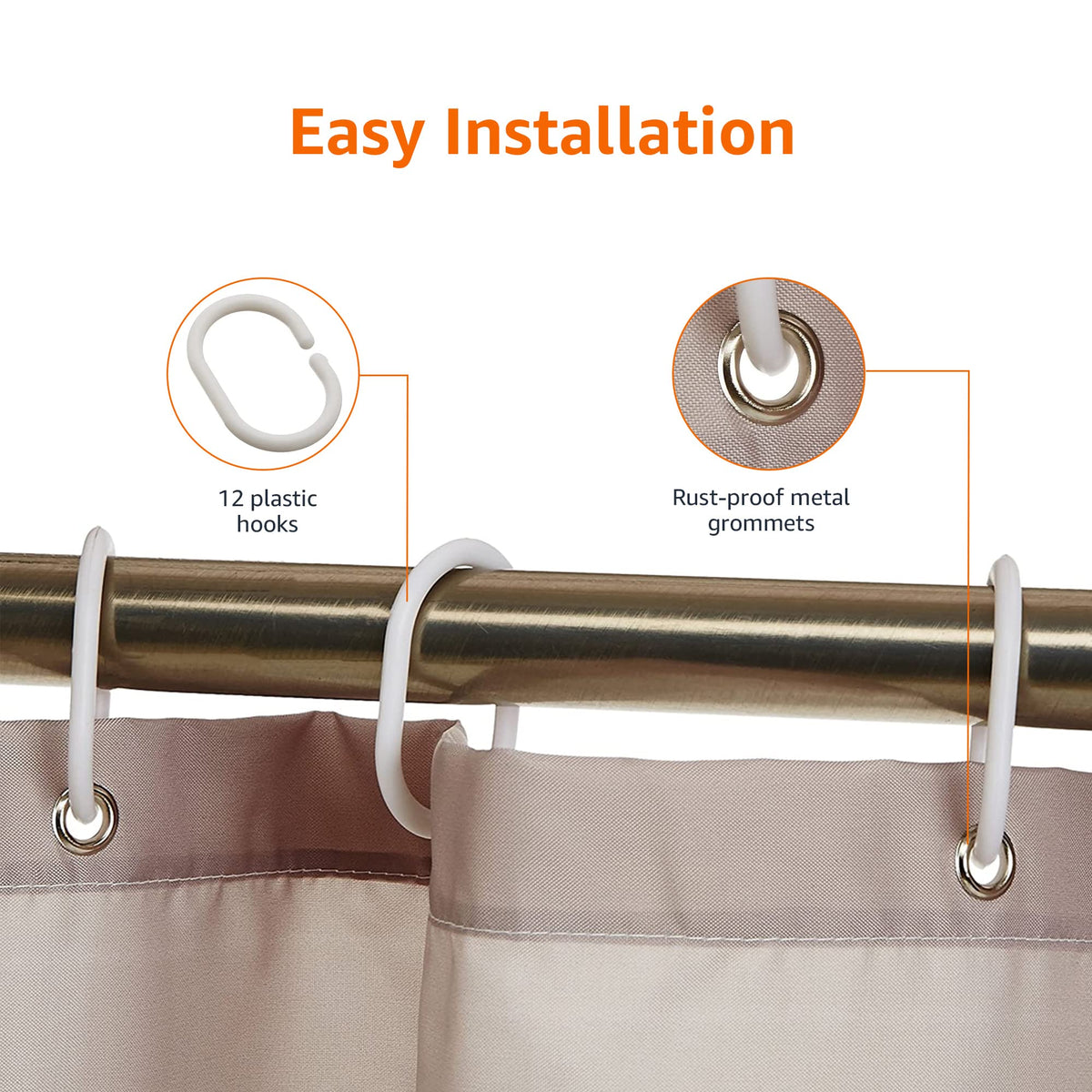 Amazon Basics Bathroom Shower Curtain, Water Resistant Fabric with Rust Proof Grommets & Hooks, Weighted Hem, Machine Washable, 72"x72", Light Brown, Beige
