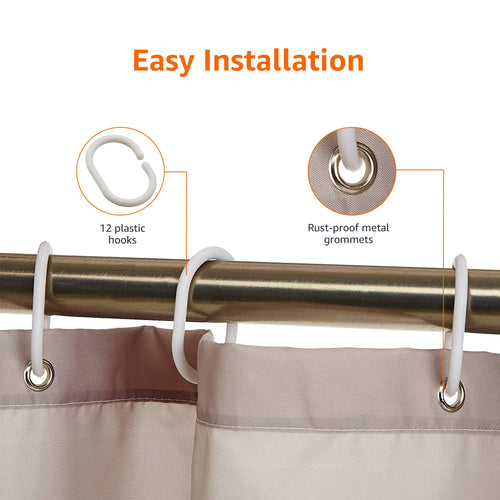 Amazon Basics Bathroom Shower Curtain, Water Resistant Fabric with Rust Proof Grommets & Hooks, Weighted Hem, Machine Washable, 72"x72", Light Brown, Beige