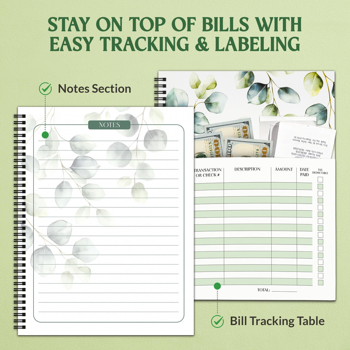 Decorably Eucalyptus Monthly Bill Organizer with Pockets and Budget Planner