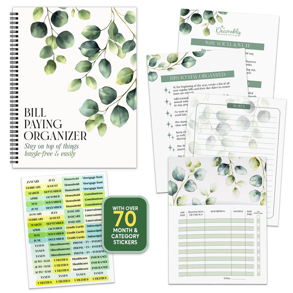 Decorably Eucalyptus Monthly Bill Organizer with Pockets and Budget Planner