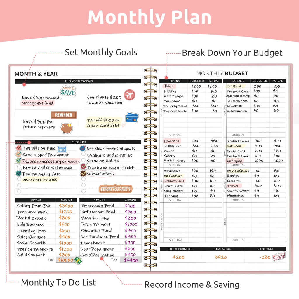 Taja Budget Planner, Undated Budget Book with Expense Tracker, 6.9" x 9.9"