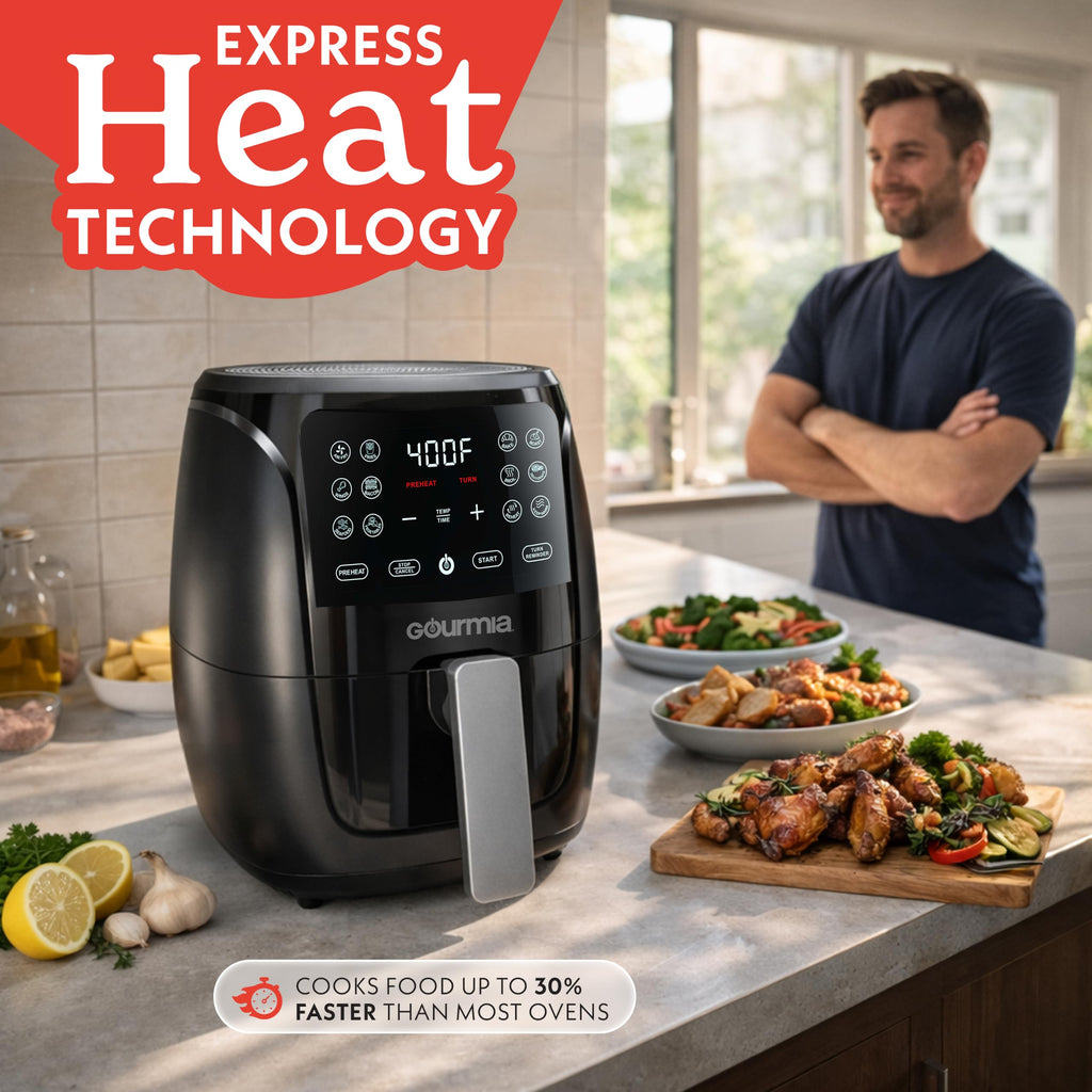Gourmia Air Fryer - 4 Qt Capacity, FryForce360º, Digital Display with 8 Presets, Roast, Bake, Broil, Dehydrate, Dishwasher Safe Accessories, Compact, Black