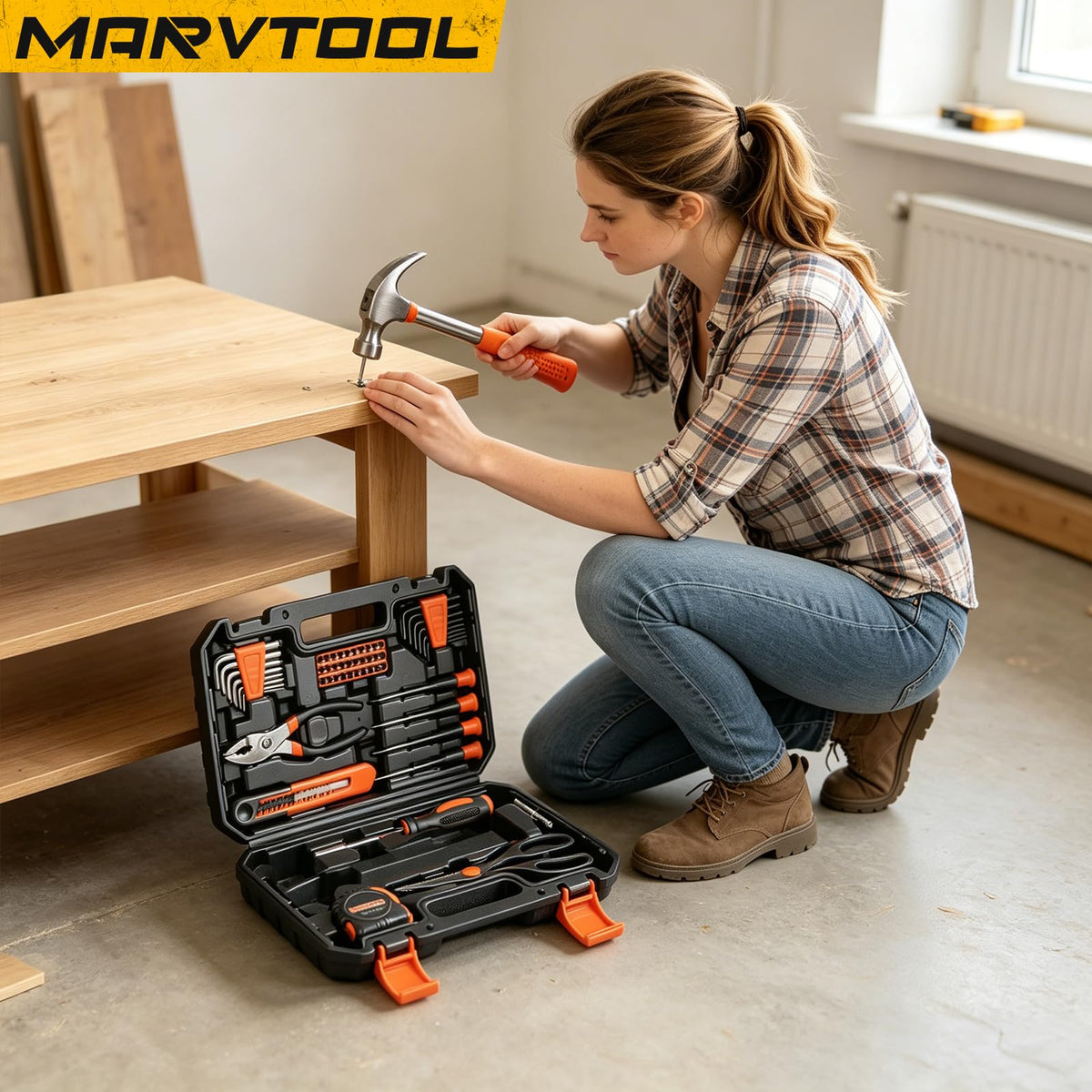 MarvTool 57 Piece Basic Tool Set, Home Repair Hand Tool Kit, General Household Tool Box, Portable Toolbox with Storage Case for Homeowner, DIY, Handyman, Women, Men