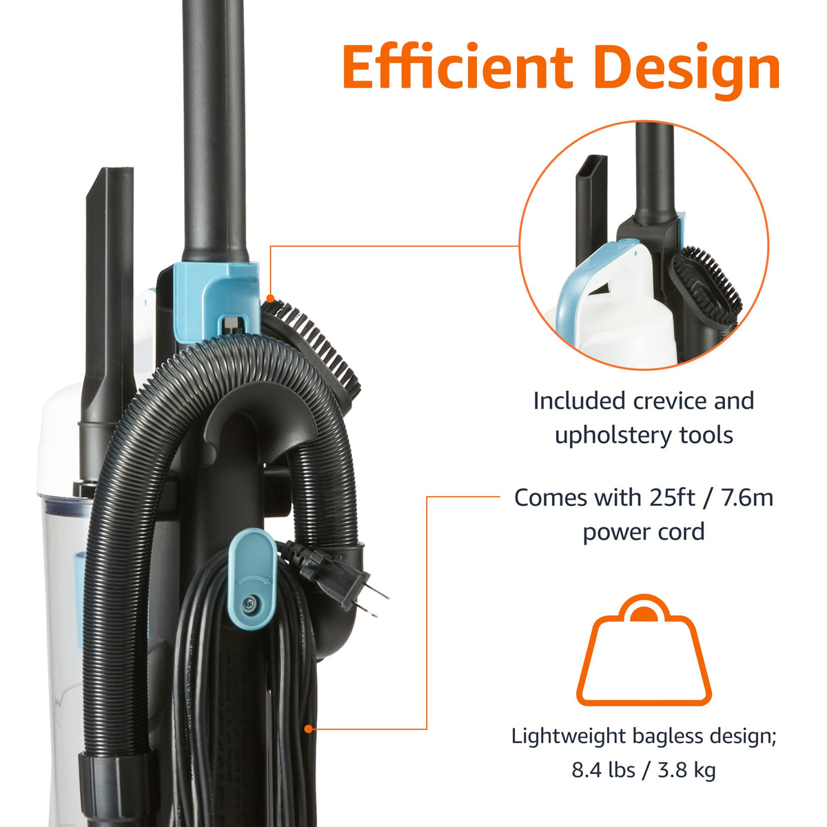 Amazon Basics Upright Bagless Vacuum Cleaner for Carpet and Hard Floors, Washable Filter, Crevice and Upholstery Tools, Detachable Handle, Lightweight, 1.7L Dust Cup, 25ft Cord, Black/White