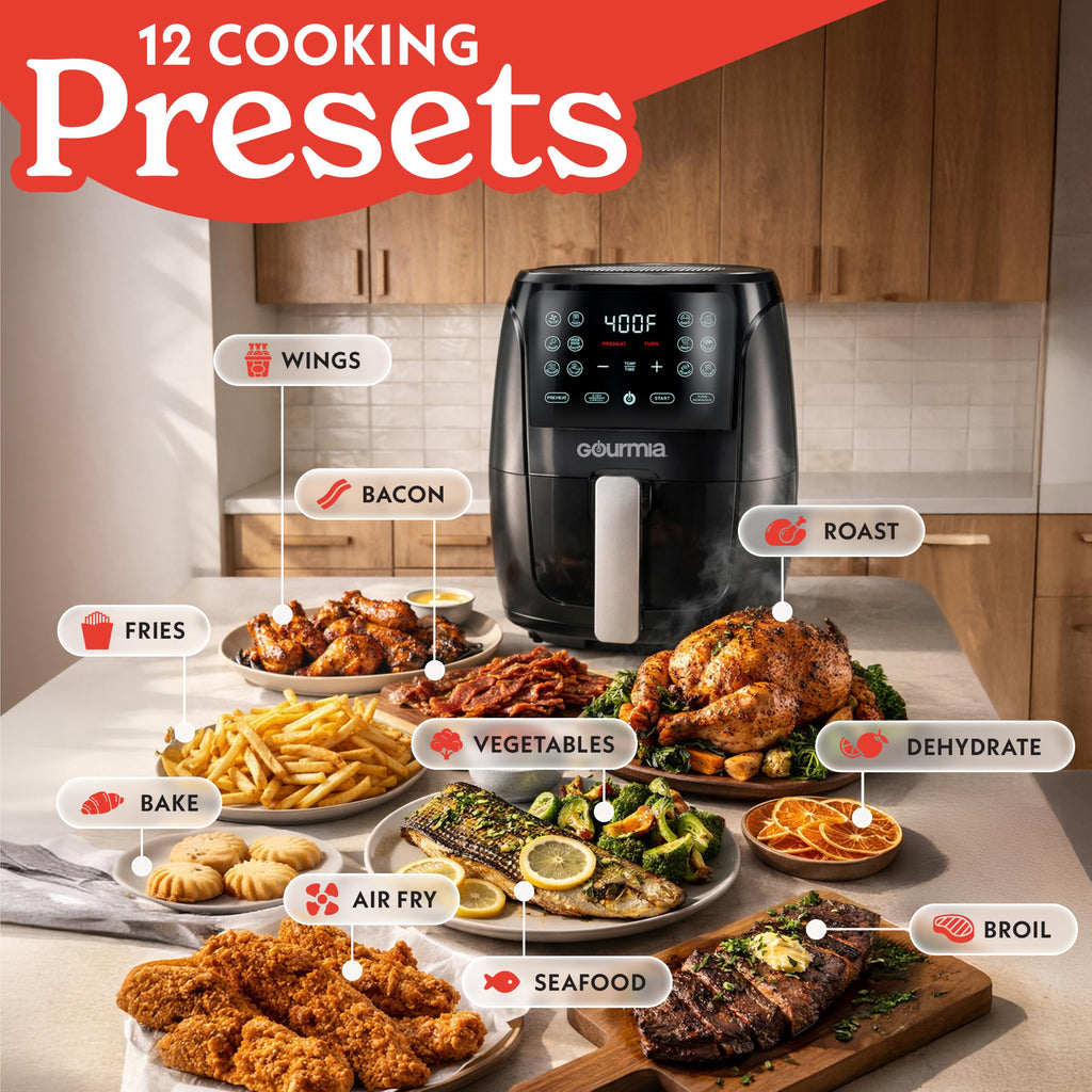 Gourmia Air Fryer - 4 Qt Capacity, FryForce360º, Digital Display with 8 Presets, Roast, Bake, Broil, Dehydrate, Dishwasher Safe Accessories, Compact, Black