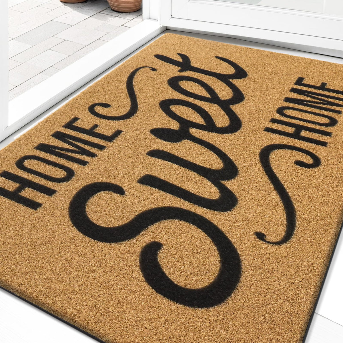 OLANLY Front Door Mat, Low Profile Doormat, Stain and Fade Resistant, Easy to Clean, for Indoor and Outdoor Entrances, Patio Porch or Entryway, Brown (30x17 Inch, Home Sweet Home)
